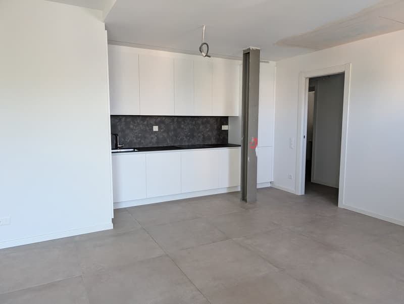 empty room, white walls, white cabinets, gray floor, kitchen area with sink and countertop