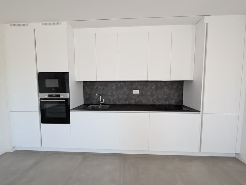 modern kitchen with white cabinets, black countertops, integrated oven and microwave, sink with faucet, dishwasher, washing machine