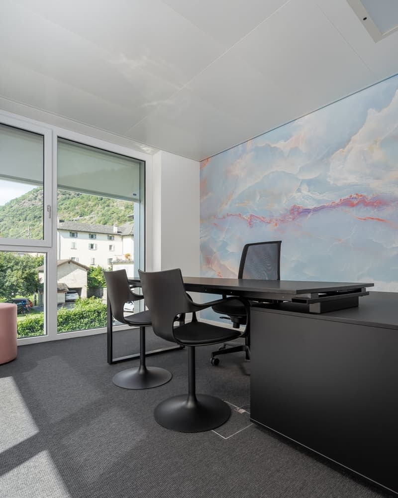 Modern office room with abstract mural, desk with monitor, chairs, large glass door