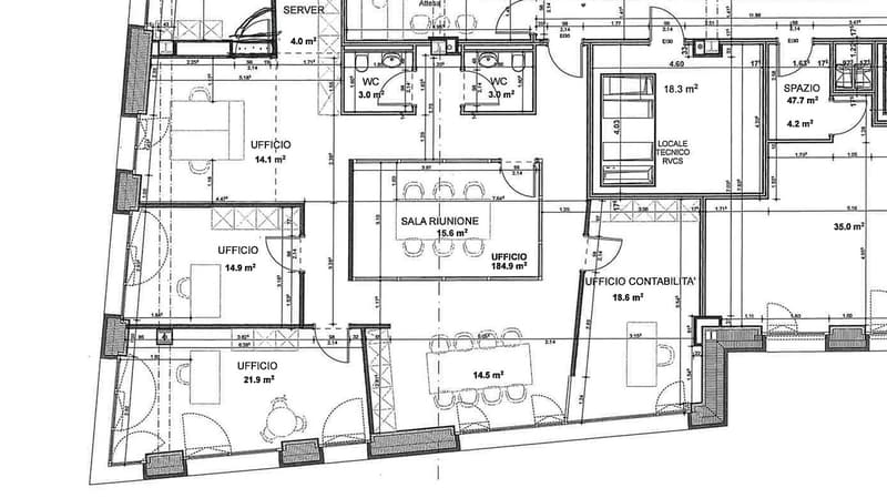 office space, meeting room, server area, washrooms