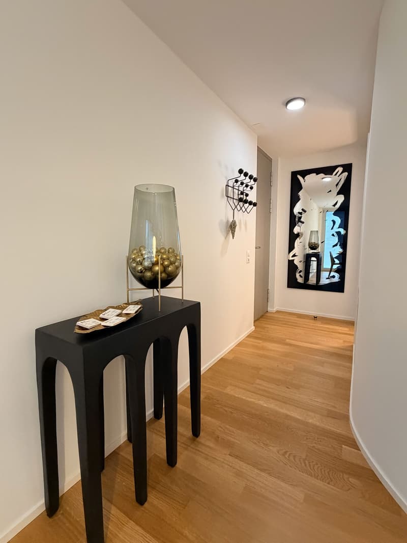 narrow hallway with wooden floors, white walls, decorative table, mirror on the wall, ceiling lamp