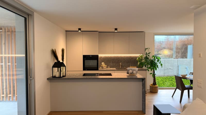 modern white kitchen, island, open to the dining area, balcony, large windows, view