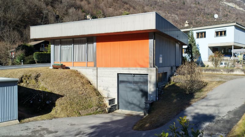 raised house with garage, gray walls, orange side, mountain view, grassy hill