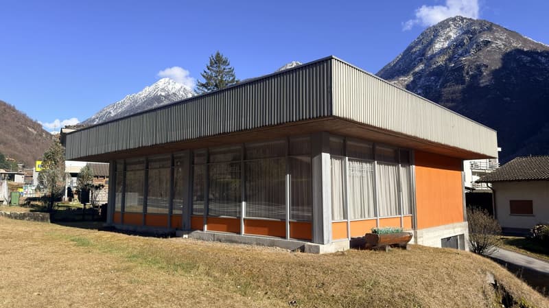 A modern raised one-story house with an orange and gray facade, large windows, and a flat roof. Surrounded by grass and a view of mountains in the background.