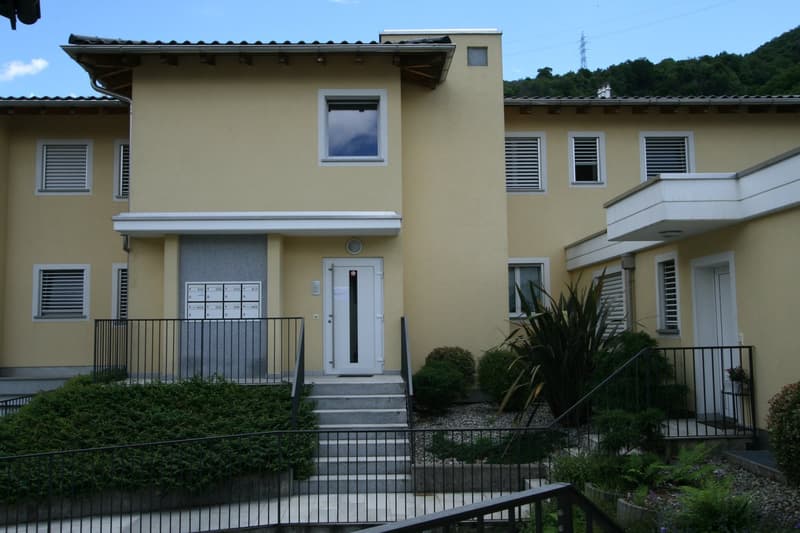 2 story house, yellow exterior, white windows, white door, stairs, railings, plants, mailbox