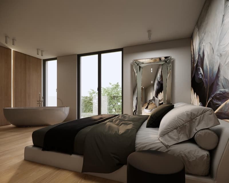 contemporary design, large bed, wooden flooring, bathtub, large windows, art on the wall, bedside table, large mirror