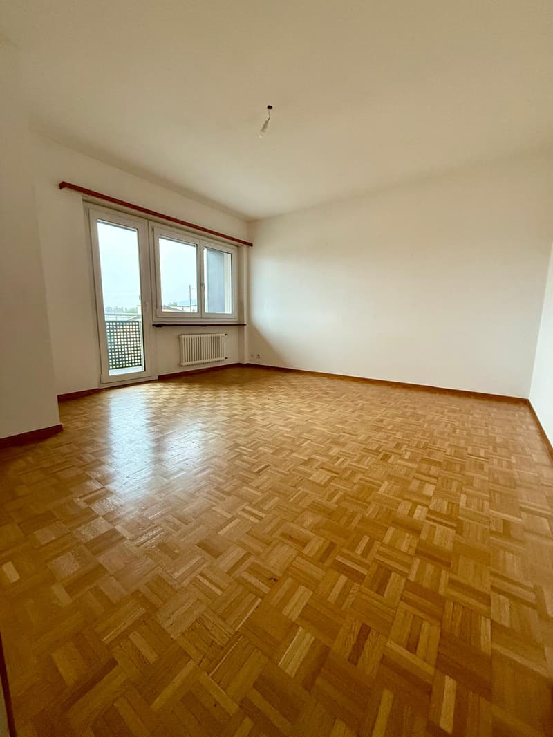 Empty room, parquet floor, sliding door with balcony, white walls, radiator, ceiling lamp
