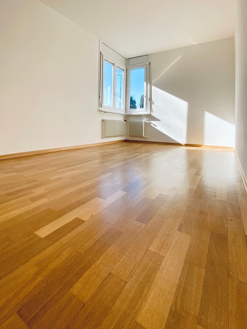 empty room, hardwood floors, white walls, two windows, radiators