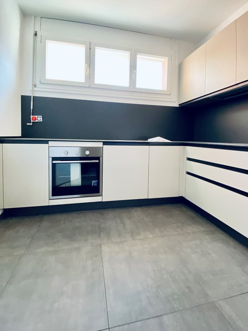 modern kitchen, white cabinets, black countertops, stainless steel oven, dishwasher, windows