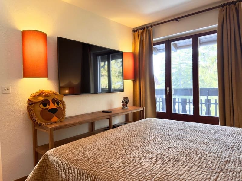 bedroom with bed, TV, nightstand, lion pillow, balcony, curtain, window
