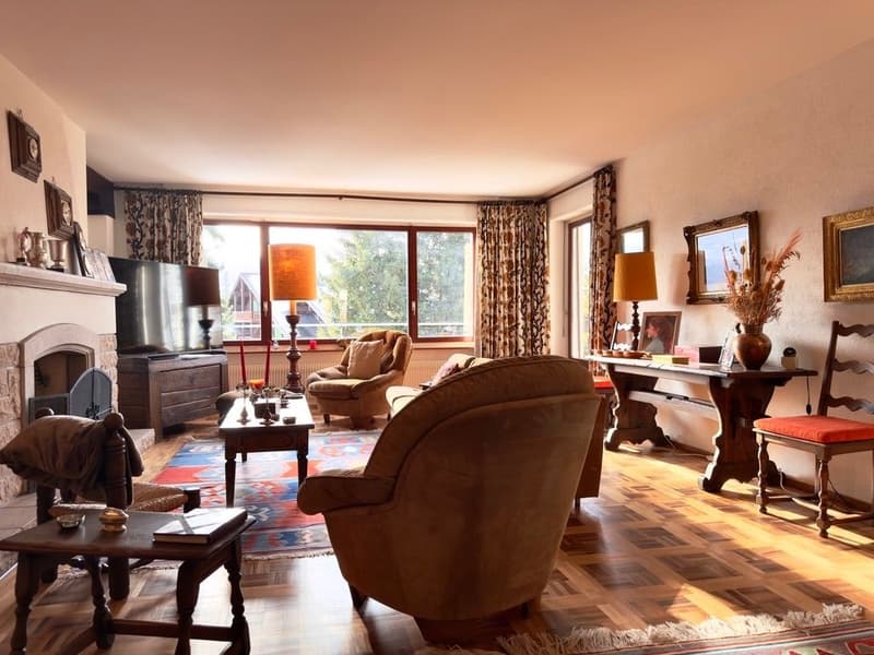 living room with fireplace, wooden floor, large windows, couch, armchairs, coffee table, desk, lamp, TV, radiator, rug
