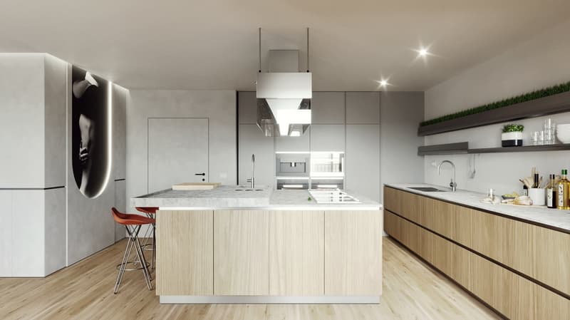 Modern, open-concept kitchen with light wood cabinets, white countertops, stainless steel appliances including a dishwasher, and a large central island with bar seating. The kitchen has a minimalist, sleek design with recessed lighting and shelving for de
