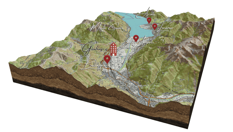 3D topographic map of a mountainous region, showing the towns of Giuliasco, Bellinzona, Ascona, and Locarno, as well as various landmarks and transportation routes.