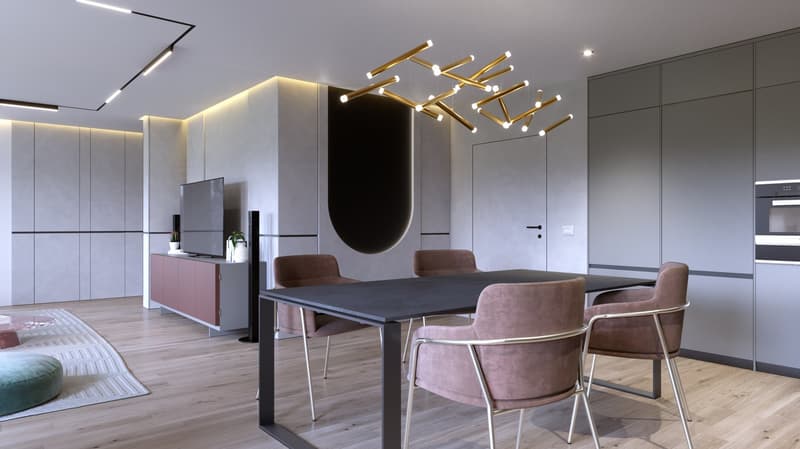 The image shows a modern and stylish open-plan living and dining area. The space features a large dining table with gray chairs, a built-in kitchen with gray cabinets and a dishwasher, and a living area with a large TV and a unique lighting fixture. The w
