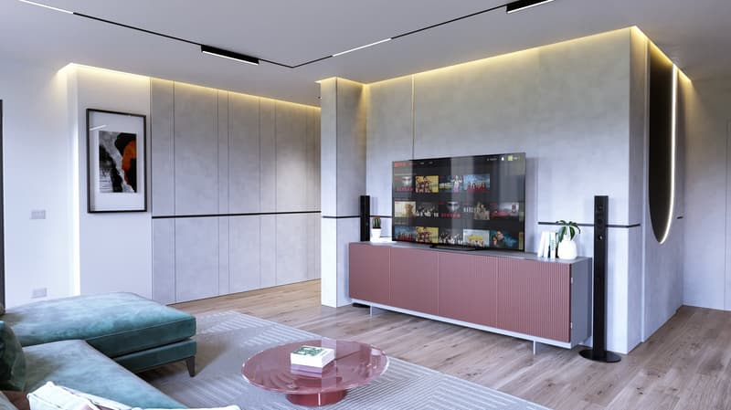 white and grey walls, hardwood floor, beige sofa, green ottoman, pink coffee table, TV mounted on wall, pink cabinet with TV stand