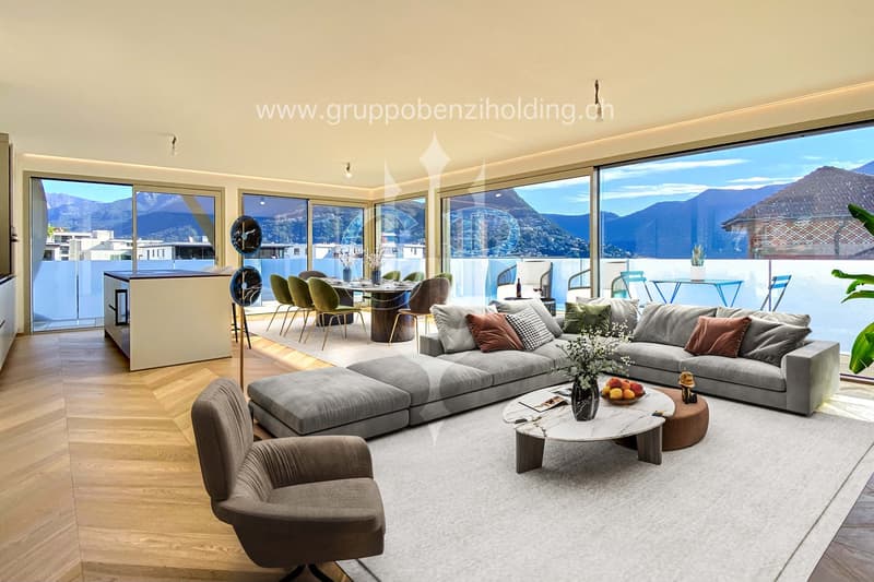 spacious living room with modern furniture, large windows, balcony with view