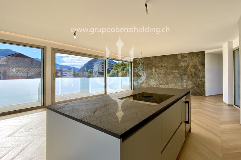 modern kitchen, large windows, balcony, wooden floor, marble counter