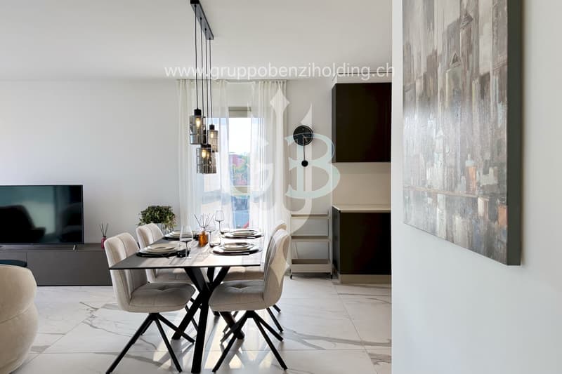 modern dining area with black table and white chairs, white marble floor, glass wall, glass door, wall-mounted TV, plant, large window with curtains, shelf