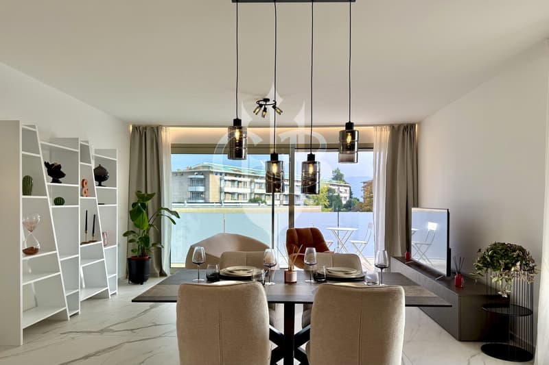 dining room, large windows, dining table, chairs, shelves, plant, tv, glass window