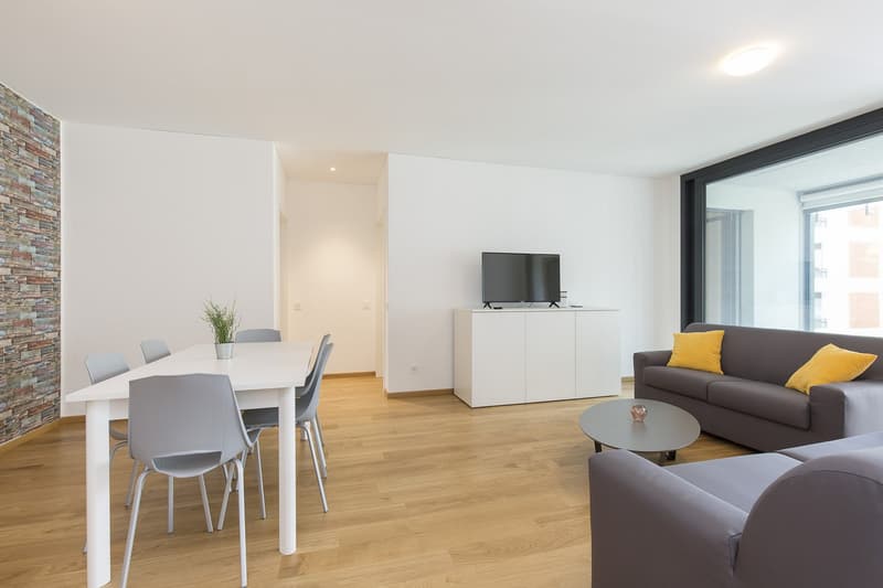 Modern design, white walls, wooden floor, gray sofa, dining table with chairs, TV, glass windows