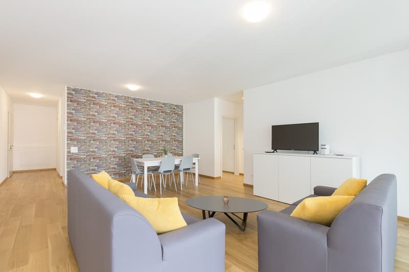 modern style living room with sofa, table, television, dining area
