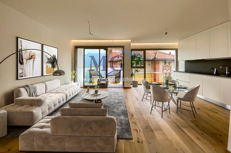 modern living room with couches, coffee table, dining table, windows, wooden floor