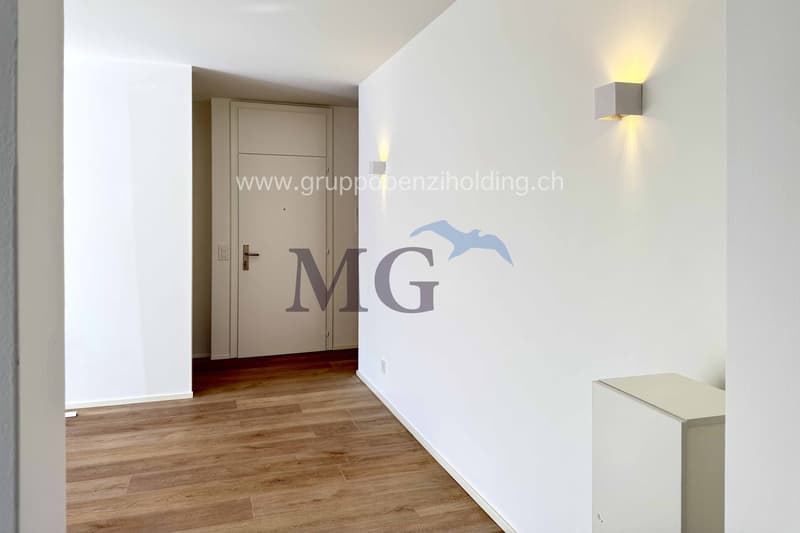 empty hallway with wooden floor, white walls, closed door, white furniture, ceiling lamps