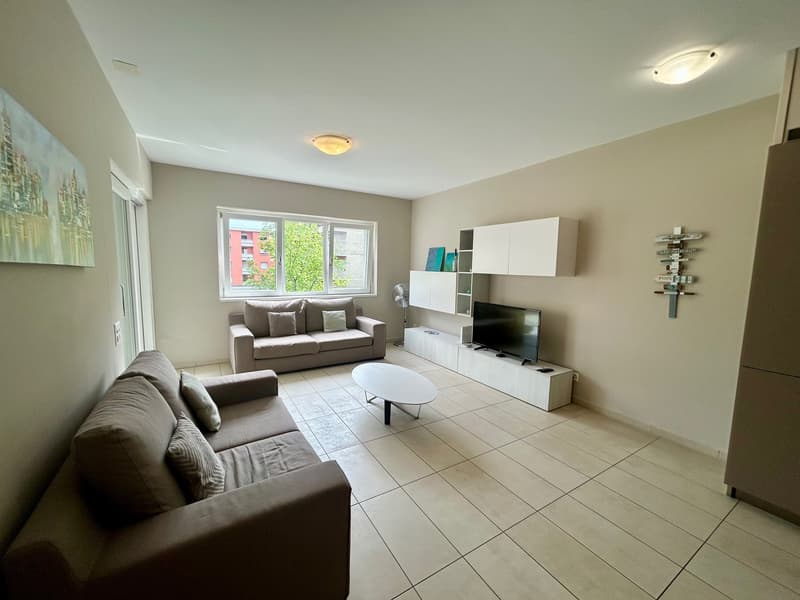 Living room with two sofas, coffee table, TV, white shelves, and a window with a view of a building and trees.