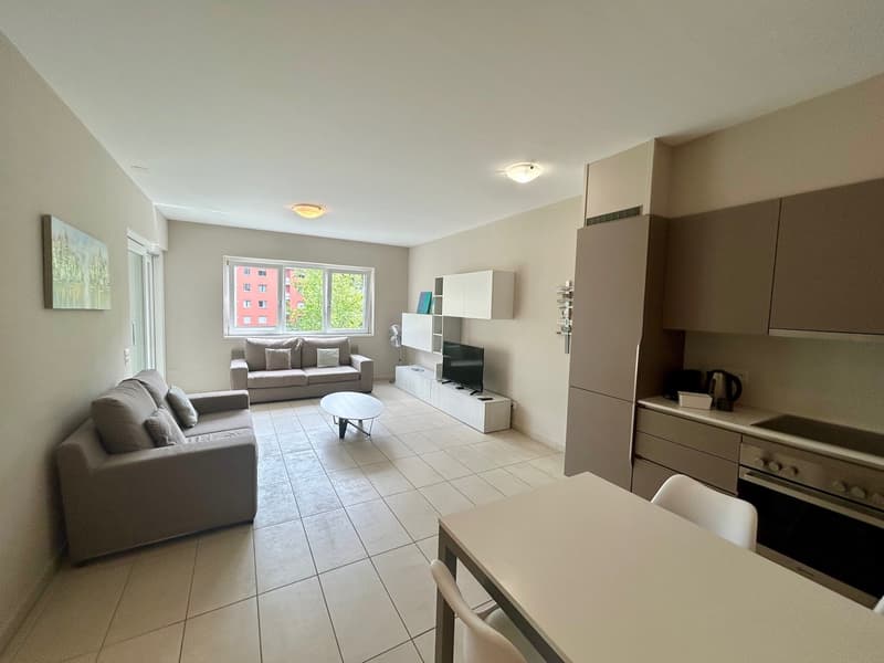 modern living room with two couches, coffee table, TV, kitchen with oven, dining table, white tiles, white walls, ceiling lights