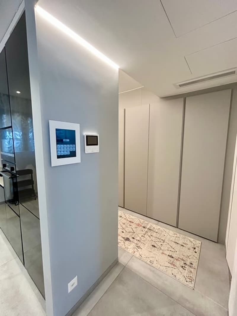 White walls, tiled floor, a framed digital panel, a small monitor, closet, glass partition, and a rug.
