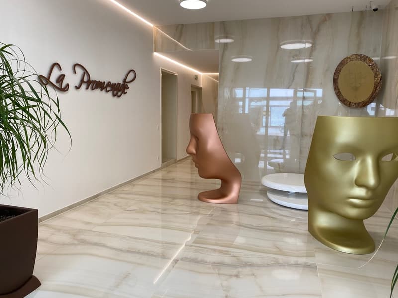 Spacious and modern office or reception area with marble flooring, recessed lighting, a large golden mask sculpture, and a decorative wall sign that says 'La Promenade'. The room also features a potted plant and a minimalist seating area.