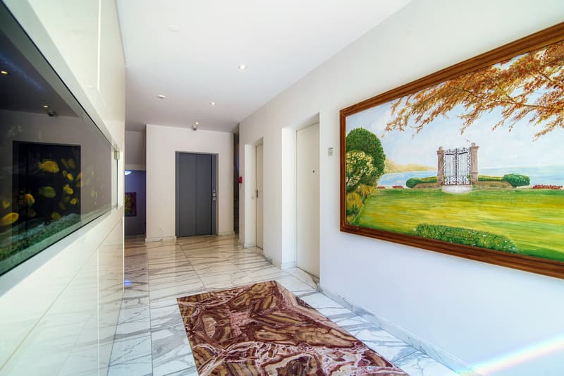 Corridor with tiled floor, a large painting on the wall, a fish tank, an elevator door, and a decorative rug.
