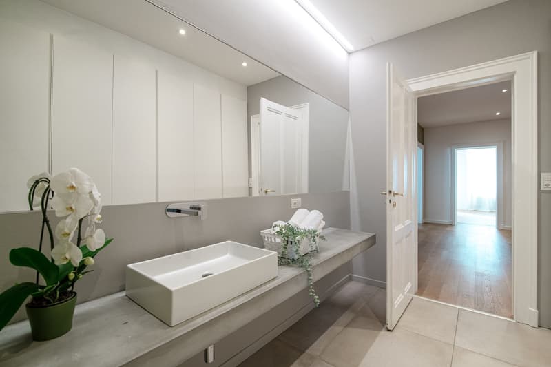 Spacious bathroom with white walls, gray countertop, vessel sink, and orchid plant. The room has recessed lighting and a doorway leading to another room.