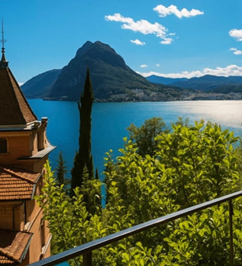 View of a lake and mountains from a balcony