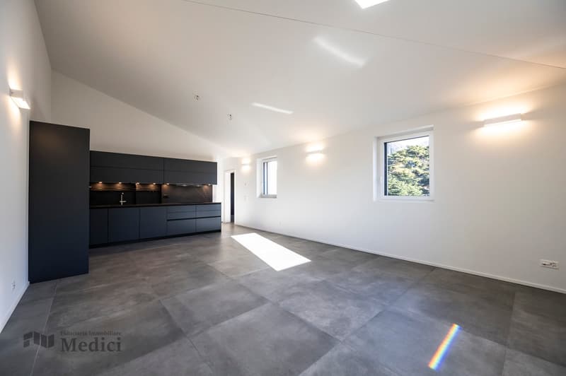Empty room, large windows, grey tiles, black kitchen, built-in light