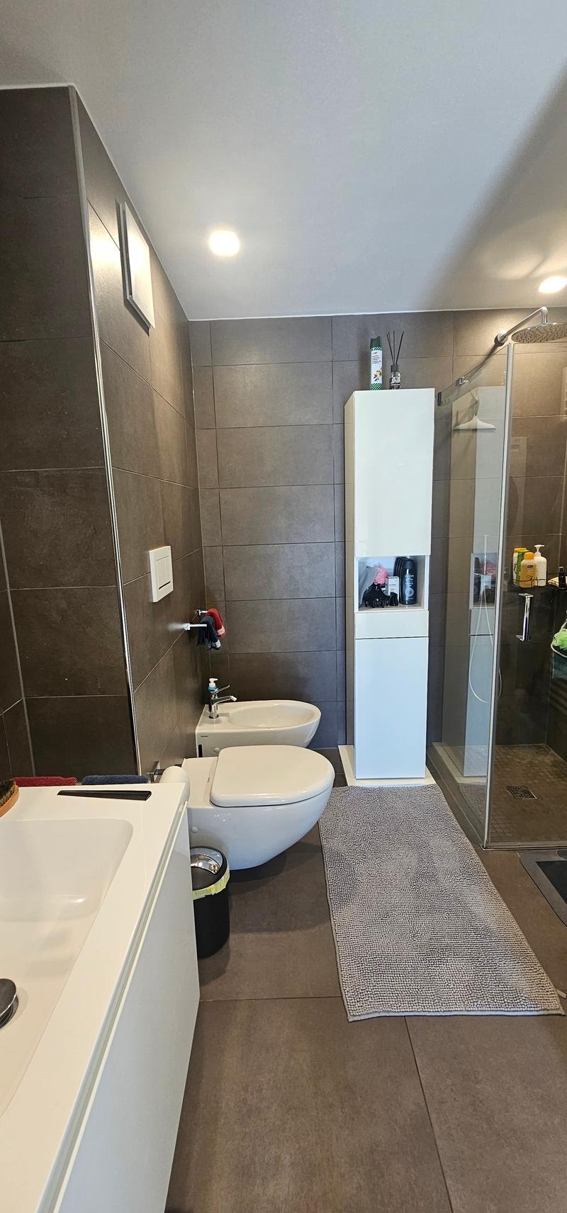 modern bathroom with shower, two sinks, two toilets, built-in shelf