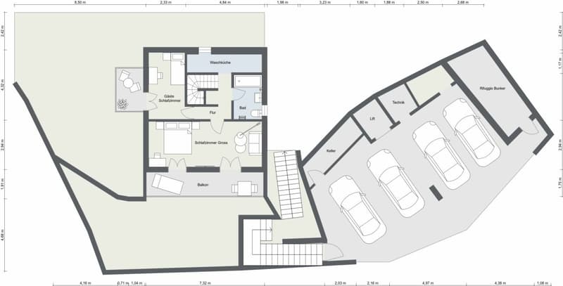 untere Schlafgeschoss mit Garage und Zugang zum Lift