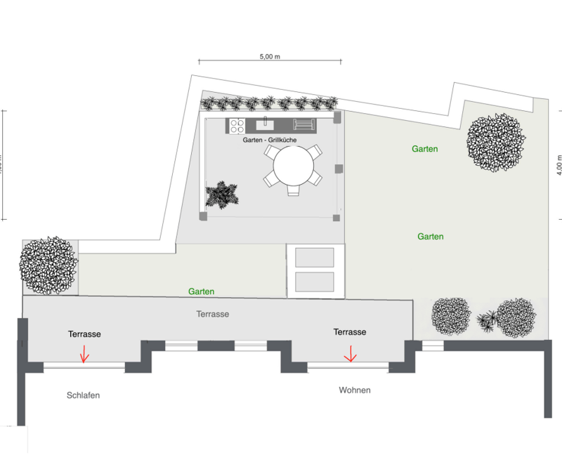 Der elegant und gepflegt angelegte Garten mit Outdoorkitchen und Lounge Terrasse - Ruhe und Genuss pur. ....