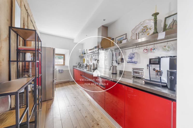 red cabinets, wooden floor, open space, stainless steel appliances, white walls, hanging decorations