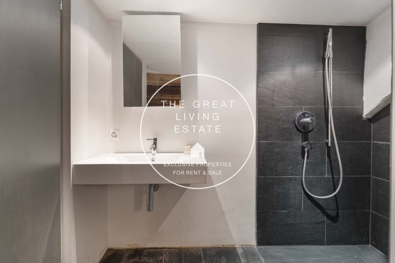 Modern bathroom, white sink, mirror, black tiles on the walls, shower head