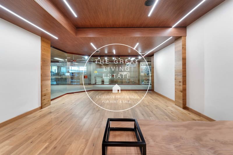 modern design, hardwood floors, large glass wall, minimalist style, wooden ceiling panels, recessed lighting, no furniture