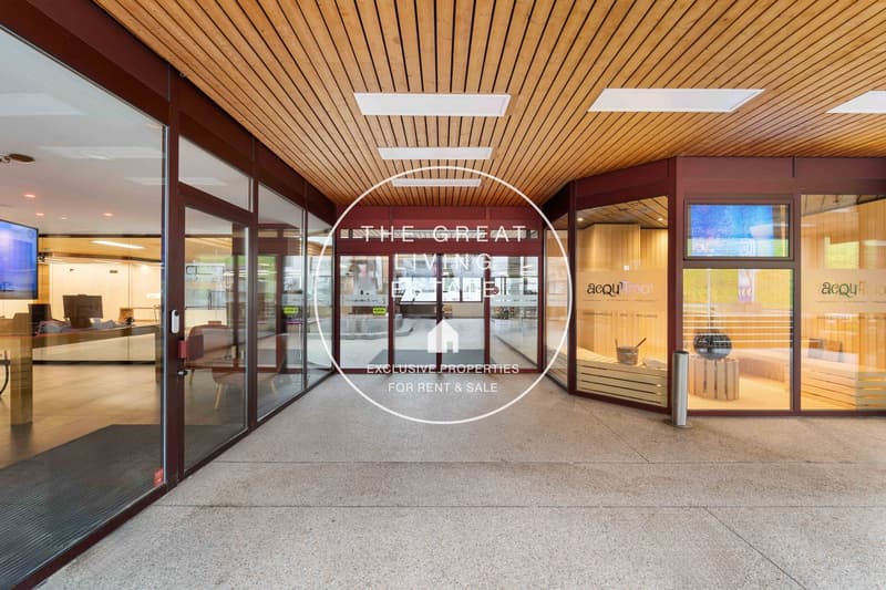 Entrance with large glass doors, wooden ceiling, tiled floor, modern design, glass walls