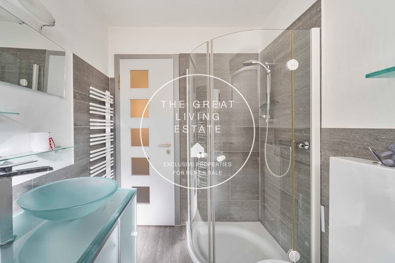 glass tiled walls, modern shower enclosure, sink, modern design, large mirror