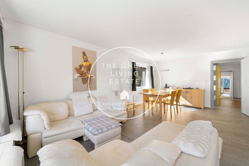 white couch, dining table, white curtains, wooden floor