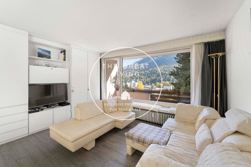 white sofas, flatscreen tv, windows overlooking mountains