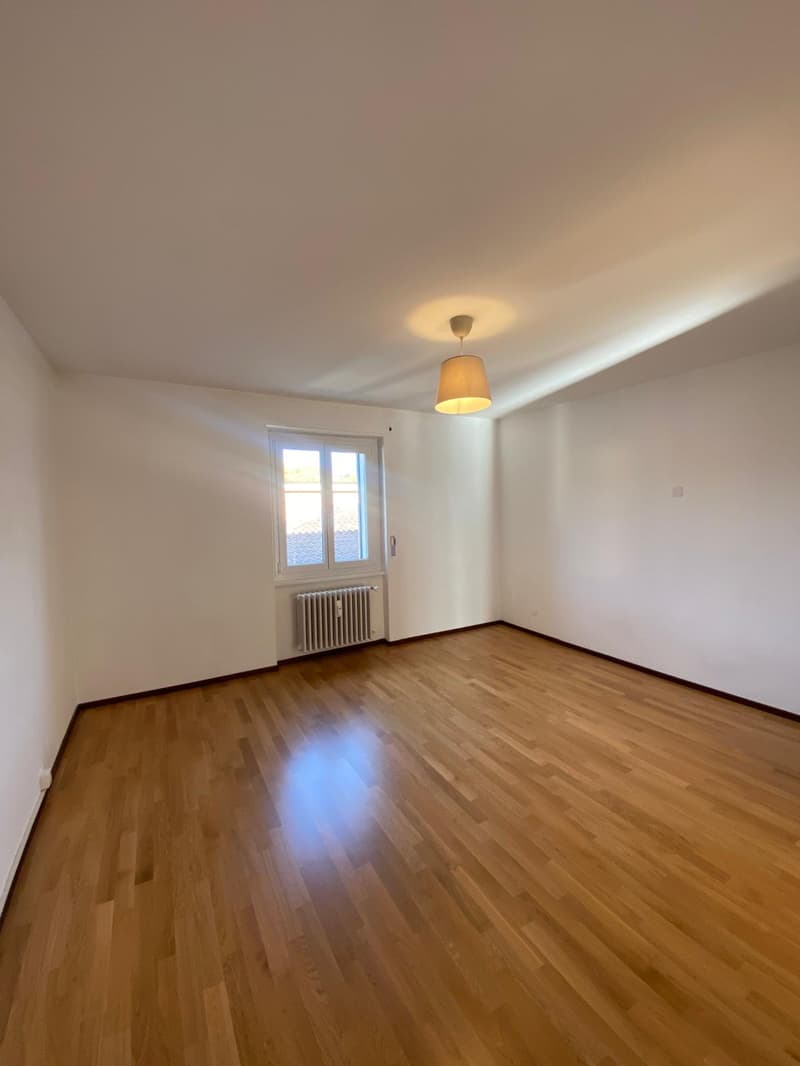 empty room, wooden floor, white walls, window, radiator