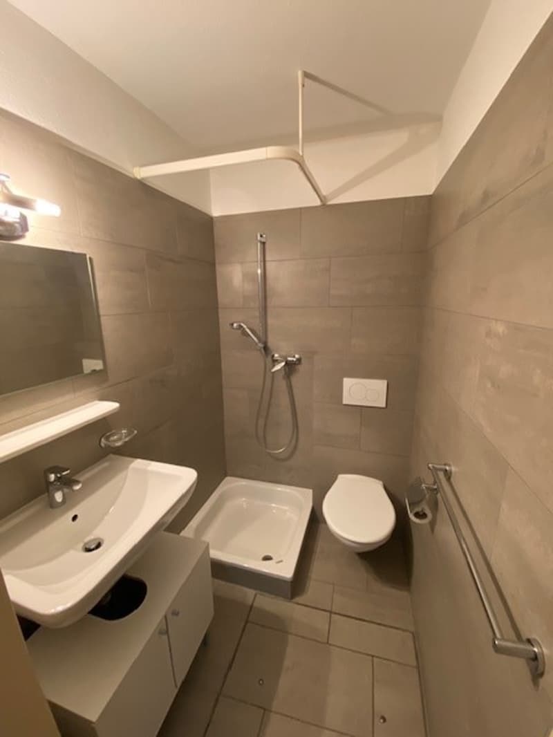 The image shows a modern bathroom with a shower, sink, and toilet. The walls are tiled in a neutral color, and the bathroom appears to be well-lit.