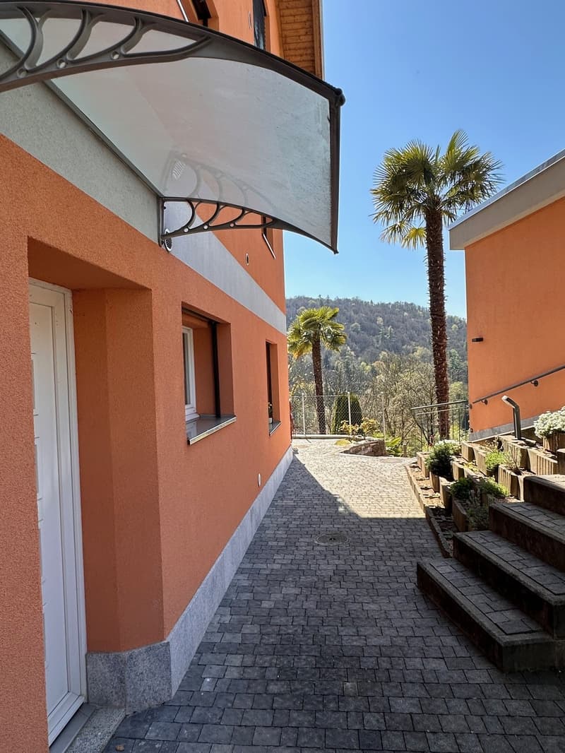 orange building, white door, glass canopy, brick pathway, palm trees, steps, railings, garden, mountains in the background