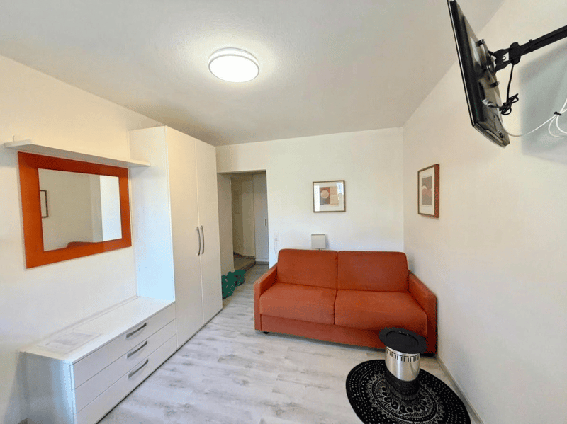 small living room with orange couch, white wardrobe, mirror, TV, black rug, white floor