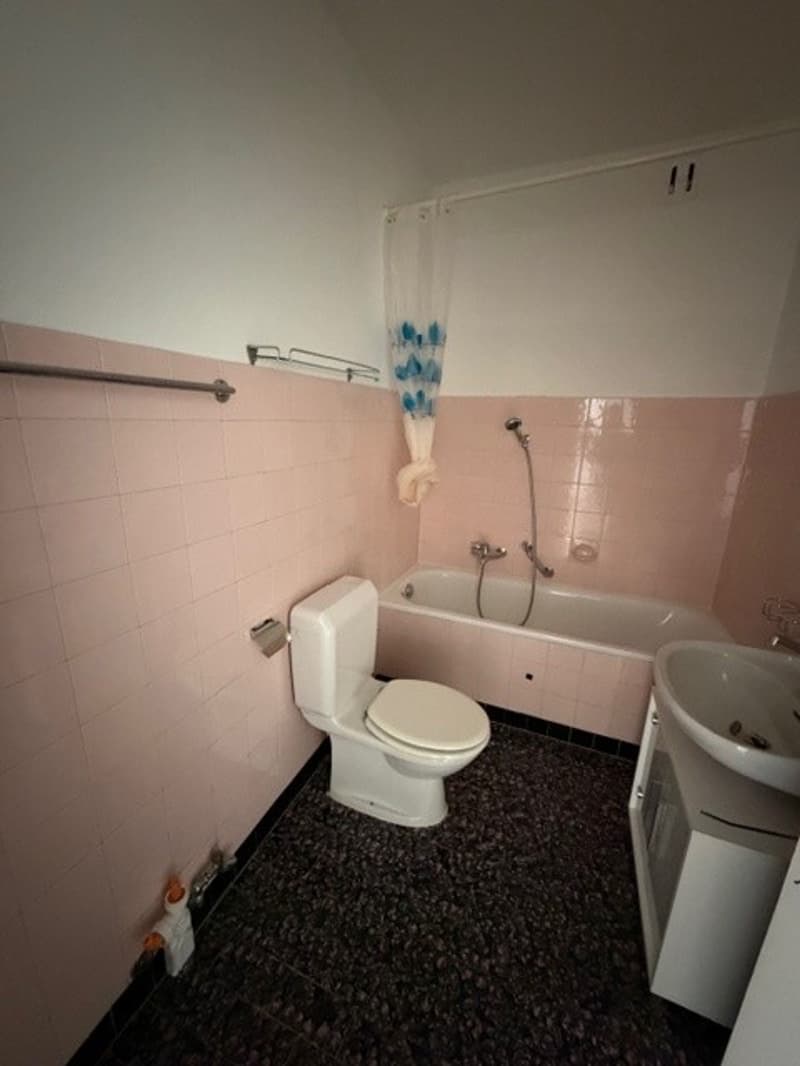 Bathroom with pink tiles, white toilet, bathtub, sink, and shower curtain